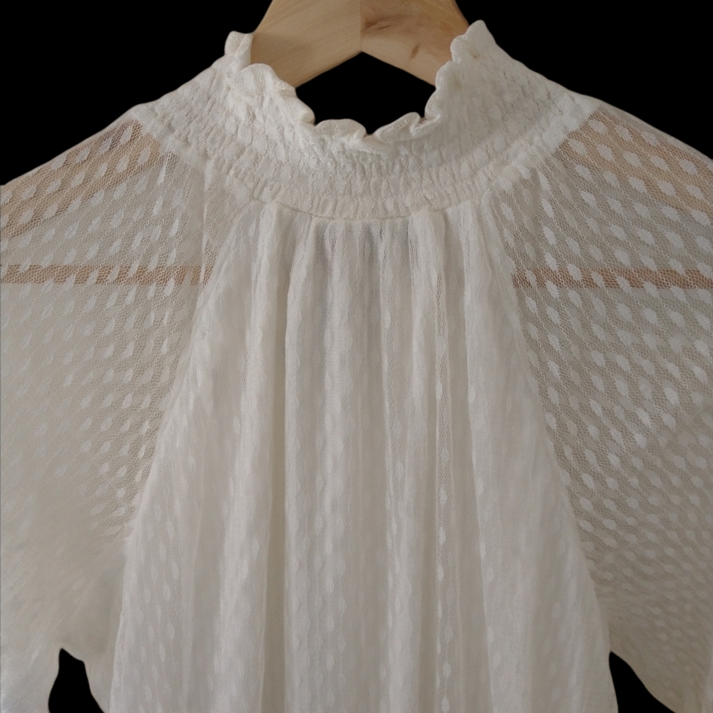 NWT Nina Leonard Dress L Sheer Mock Neck Long Sleeve Dotted Overlay In Ivory - Picture 4 of 10